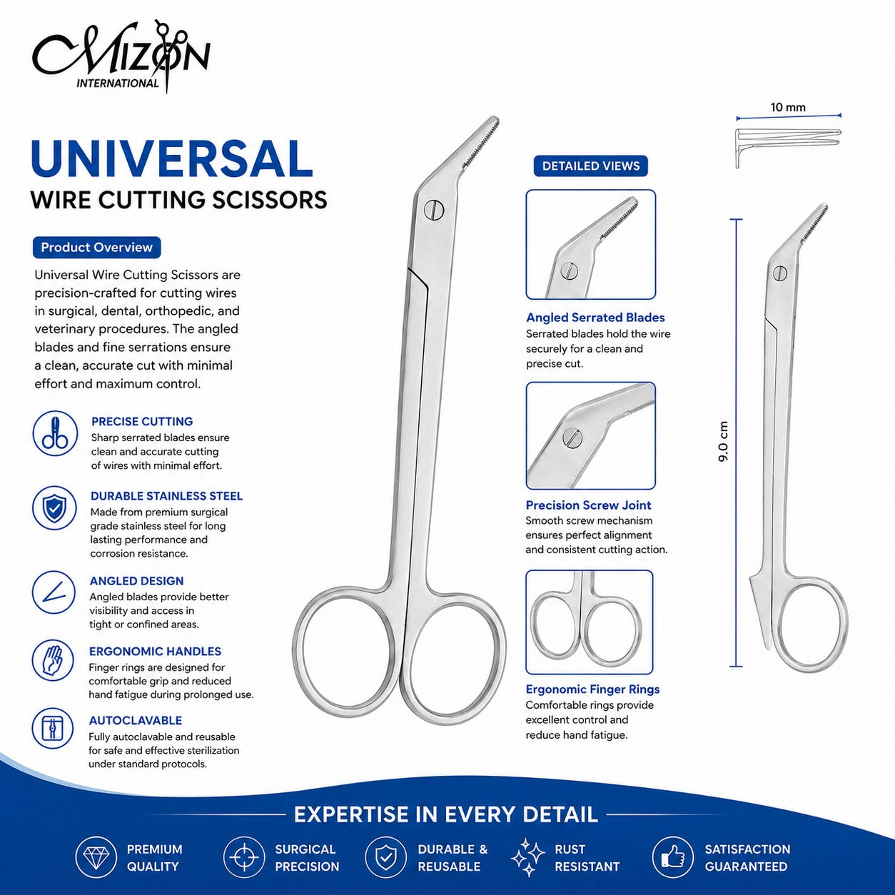 Universal Wire Cutting Scissors 9 cm | Stainless Steel Orthopedic Wire Cutting Scissors | Mizon International
