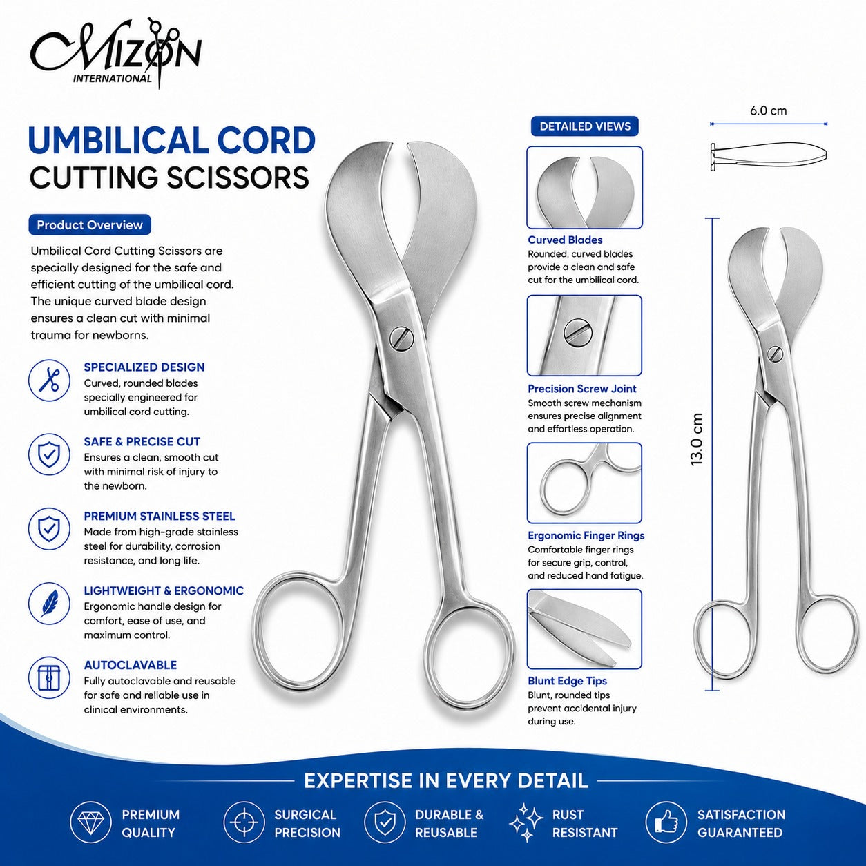 Umbilical Cord Cutting Scissors 13 cm | Stainless Steel Obstetric Cord Scissors | Mizon International