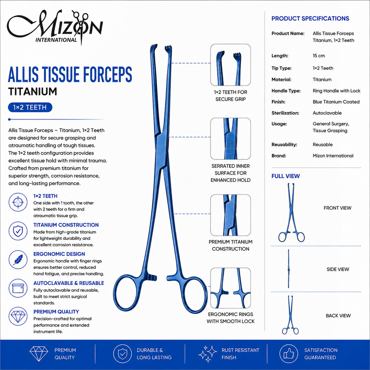 Allis Tissue Forceps Titanium 1×2 Teeth 15 cm | Blue Titanium Surgical Tissue Forceps | Mizon International