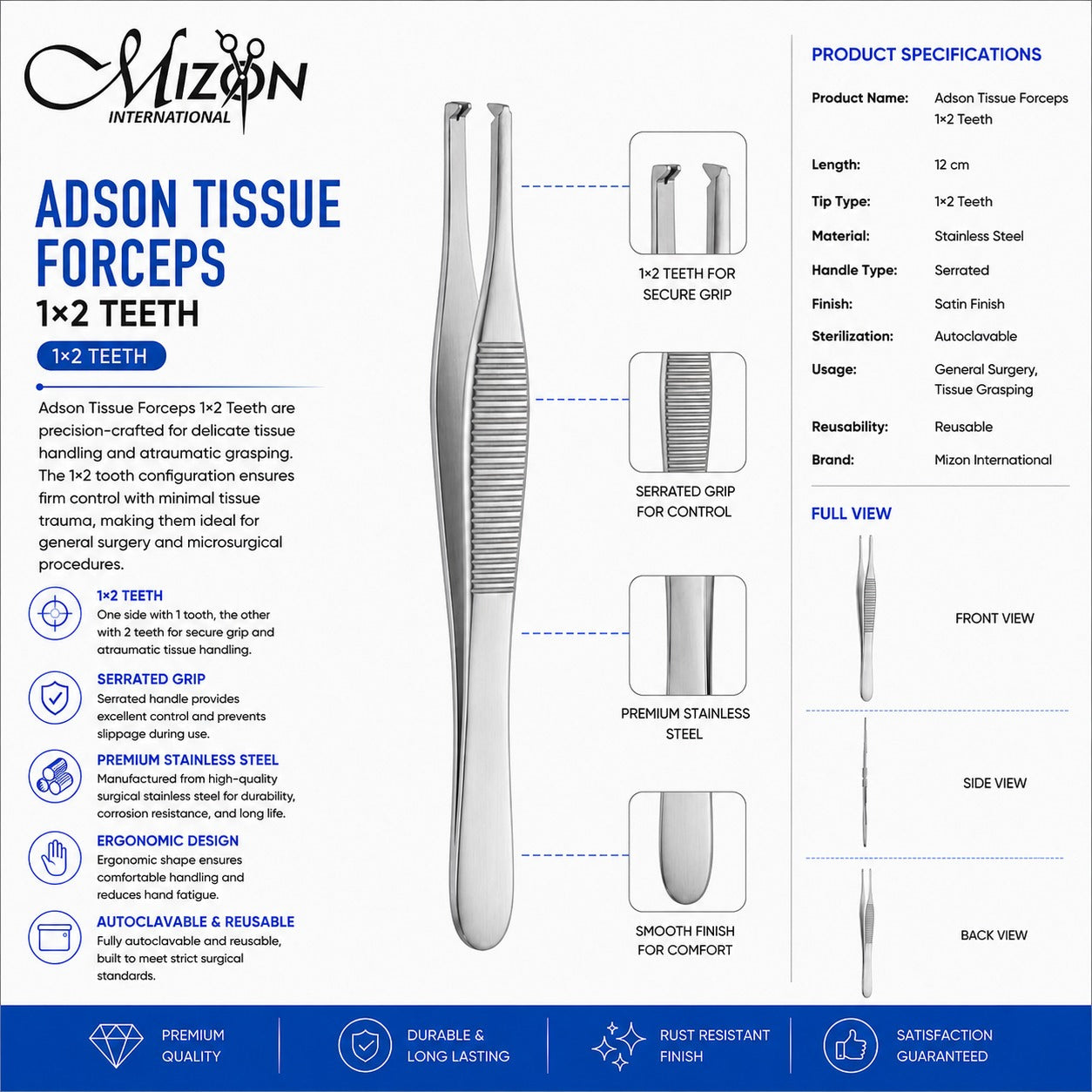 Adson Tissue Forceps 1×2 Teeth 12 cm | Stainless Steel Surgical Tissue Forceps | Mizon International