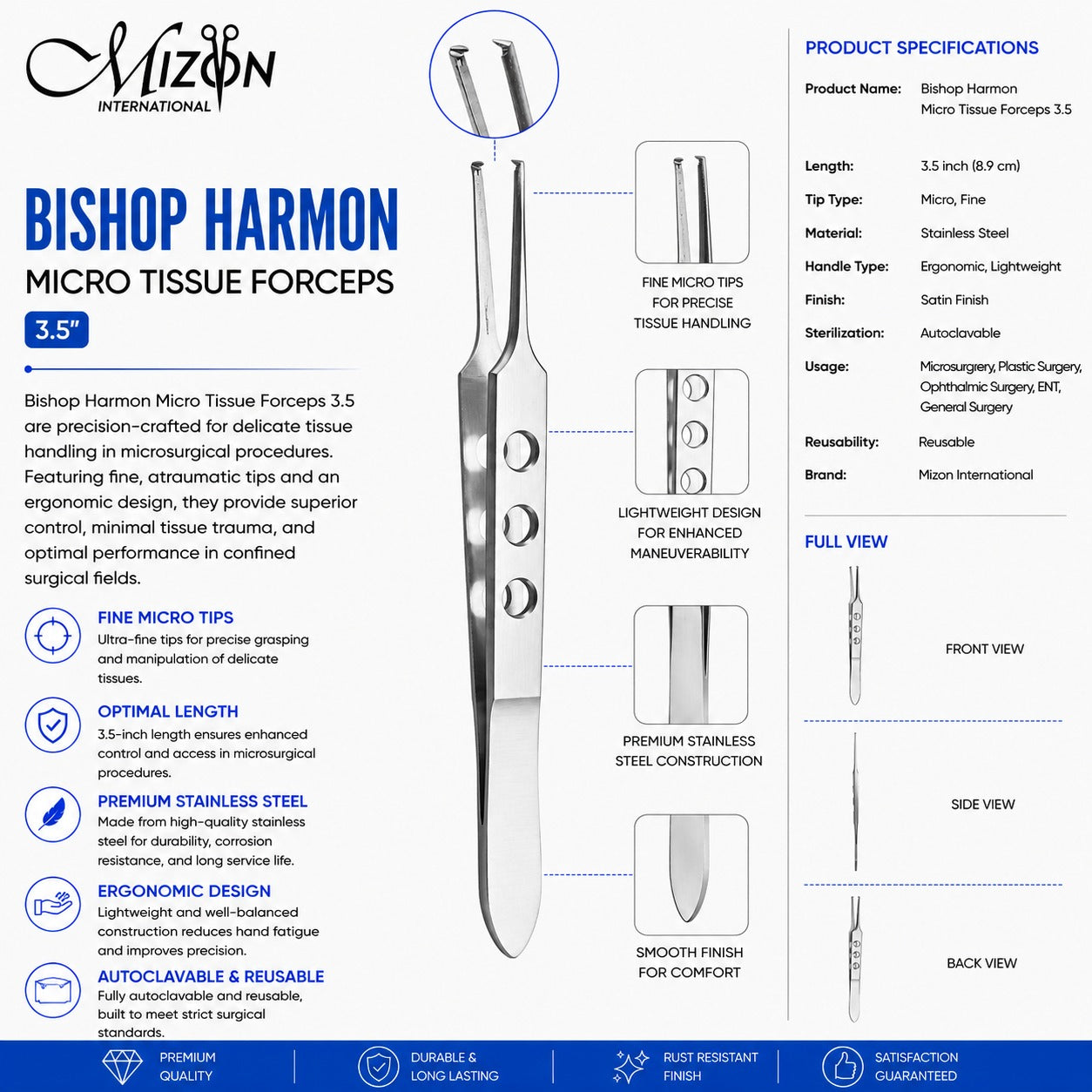 Bishop Harmon Micro Tissue Forceps 3.5 Inch (8.9 cm) | Stainless Steel Ophthalmic Forceps | Mizon International
