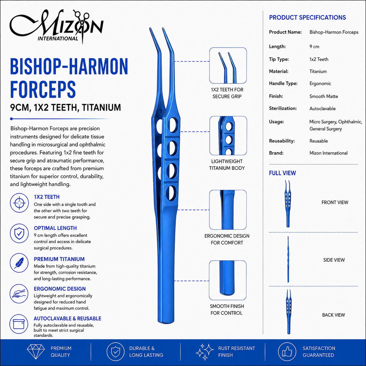 Bishop-Harmon Forceps 9 cm 1×2 Teeth Titanium | Ophthalmic Microsurgical Forceps | Mizon International