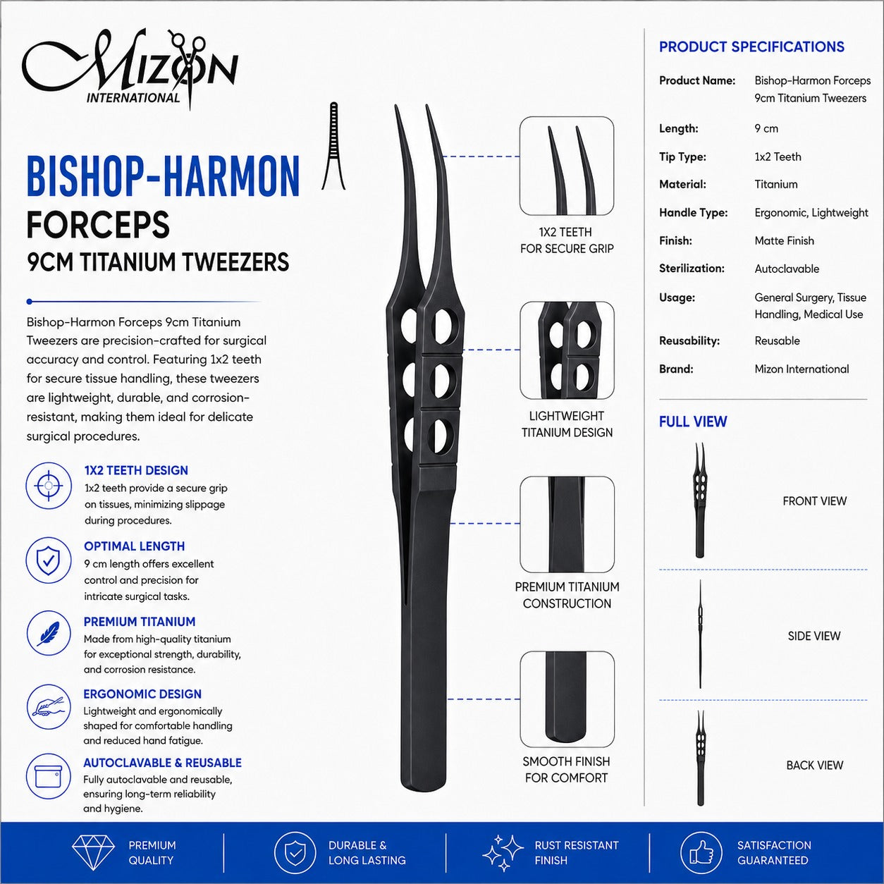 Bishop-Harmon Forceps 9 cm Titanium Tweezers 1×2 Teeth | Ophthalmic Surgical Forceps | Mizon International