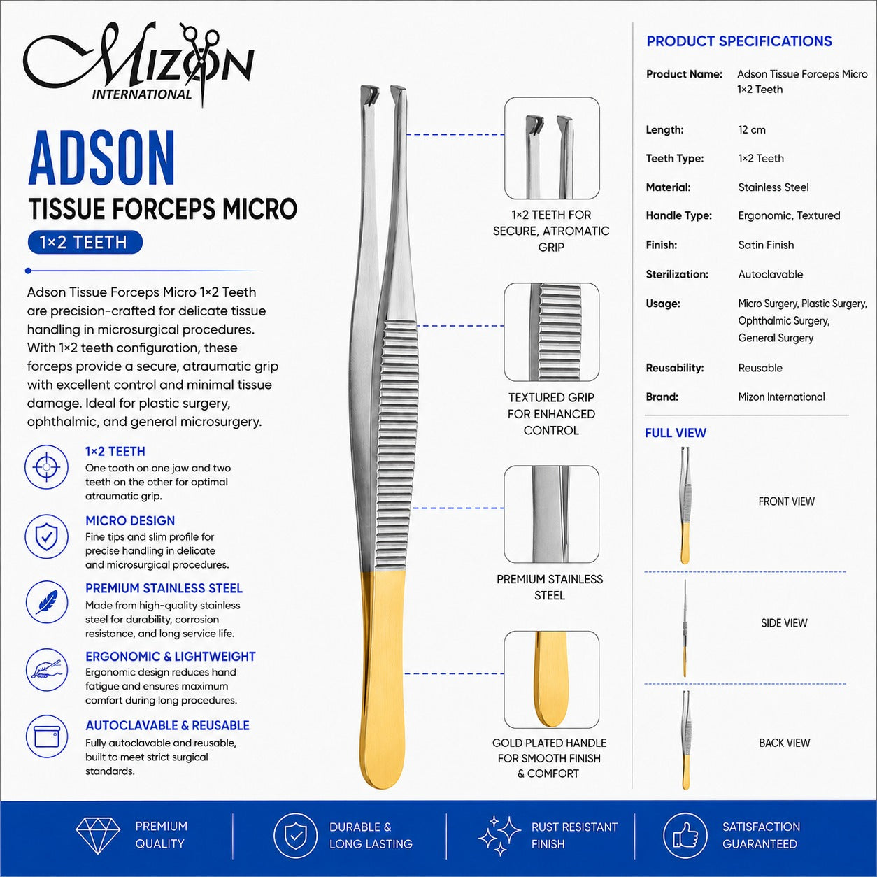 Adson Tissue Forceps Micro 1×2 Teeth 12cm Gold Handle | Premium Stainless Steel Surgical Forceps | Mizon International