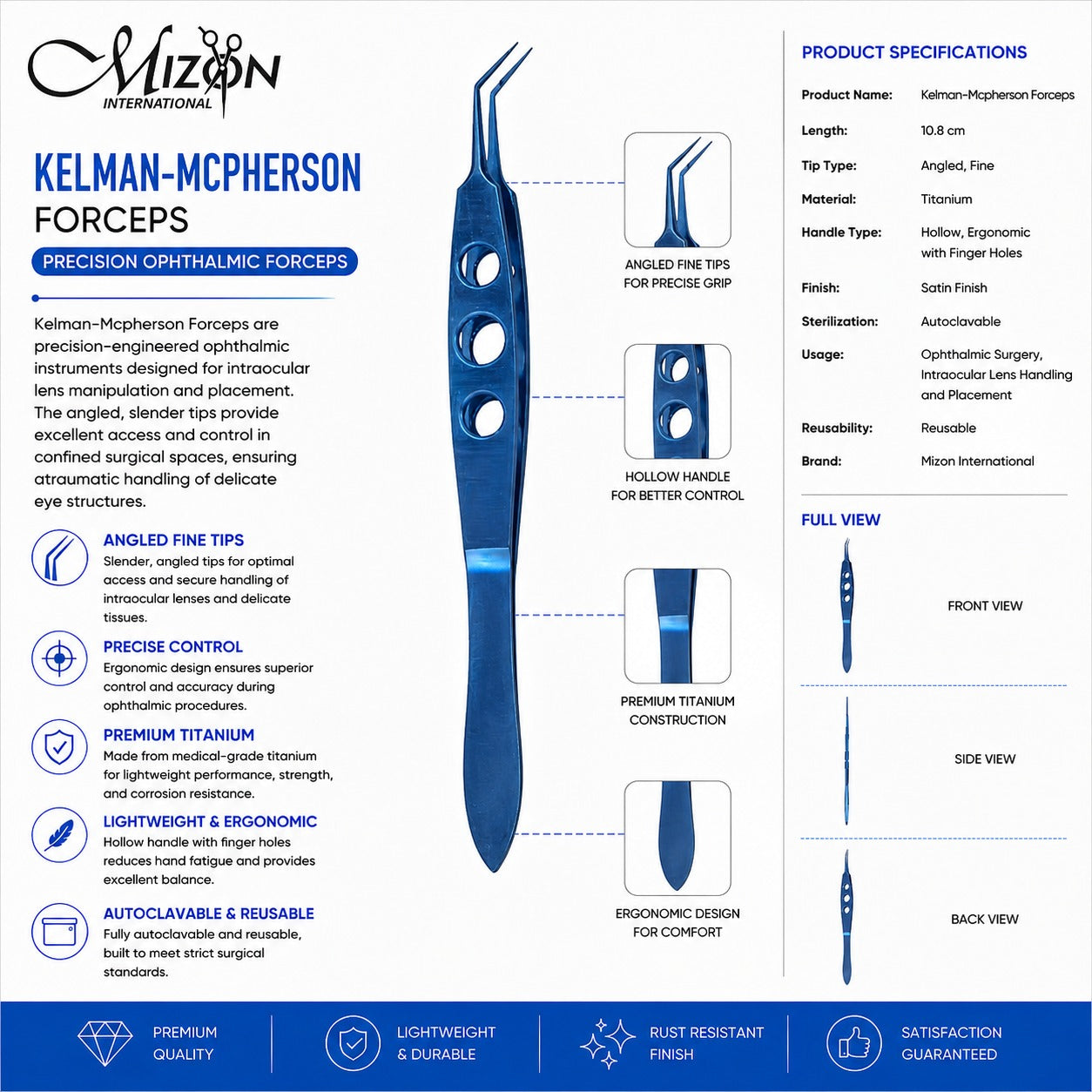 Kelman-McPherson Titanium Forceps 10.8 cm | Precision Ophthalmic Forceps | Mizon International