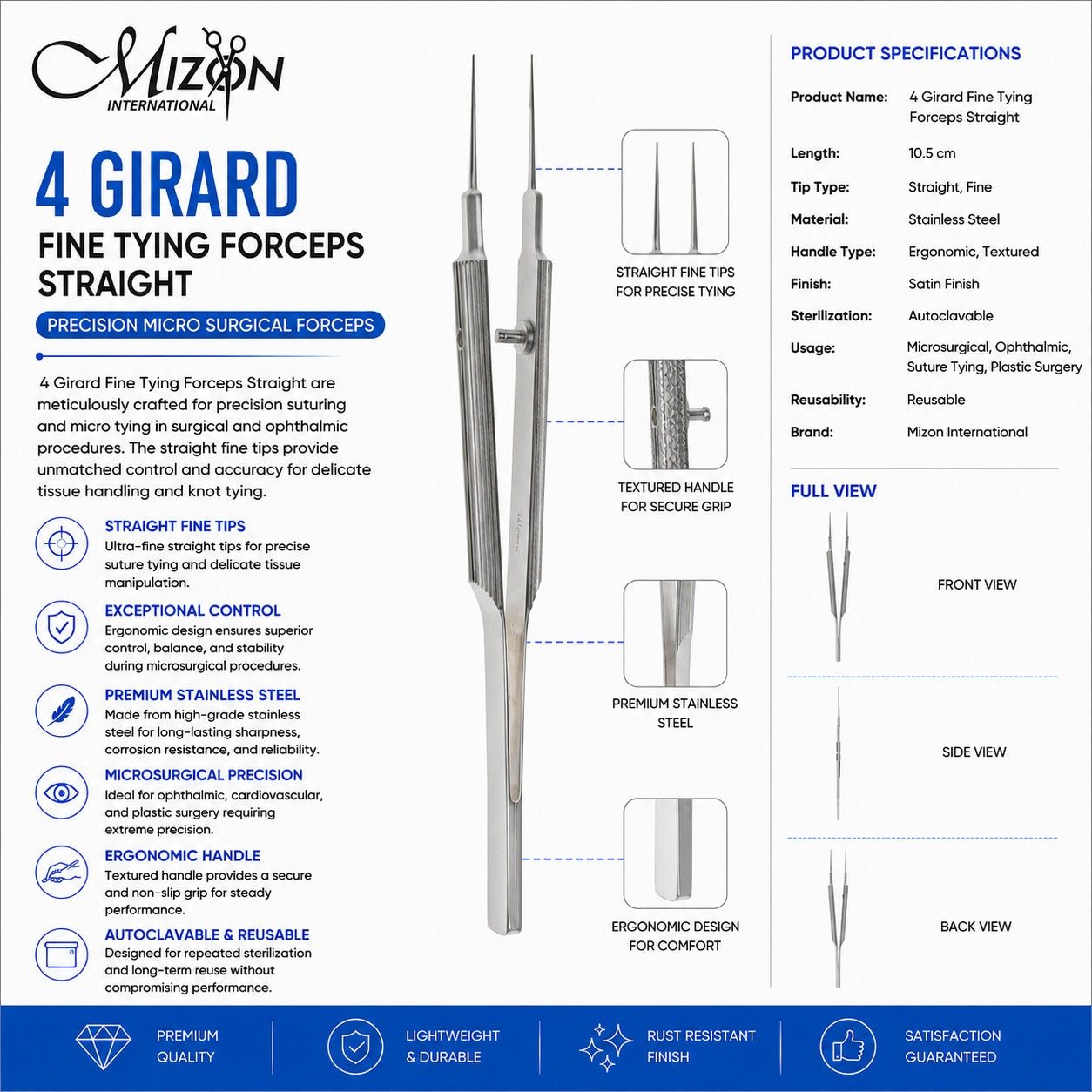 4 Girard Fine Tying Forceps Straight 10.5 cm | Precision Microsurgical Forceps | Mizon International