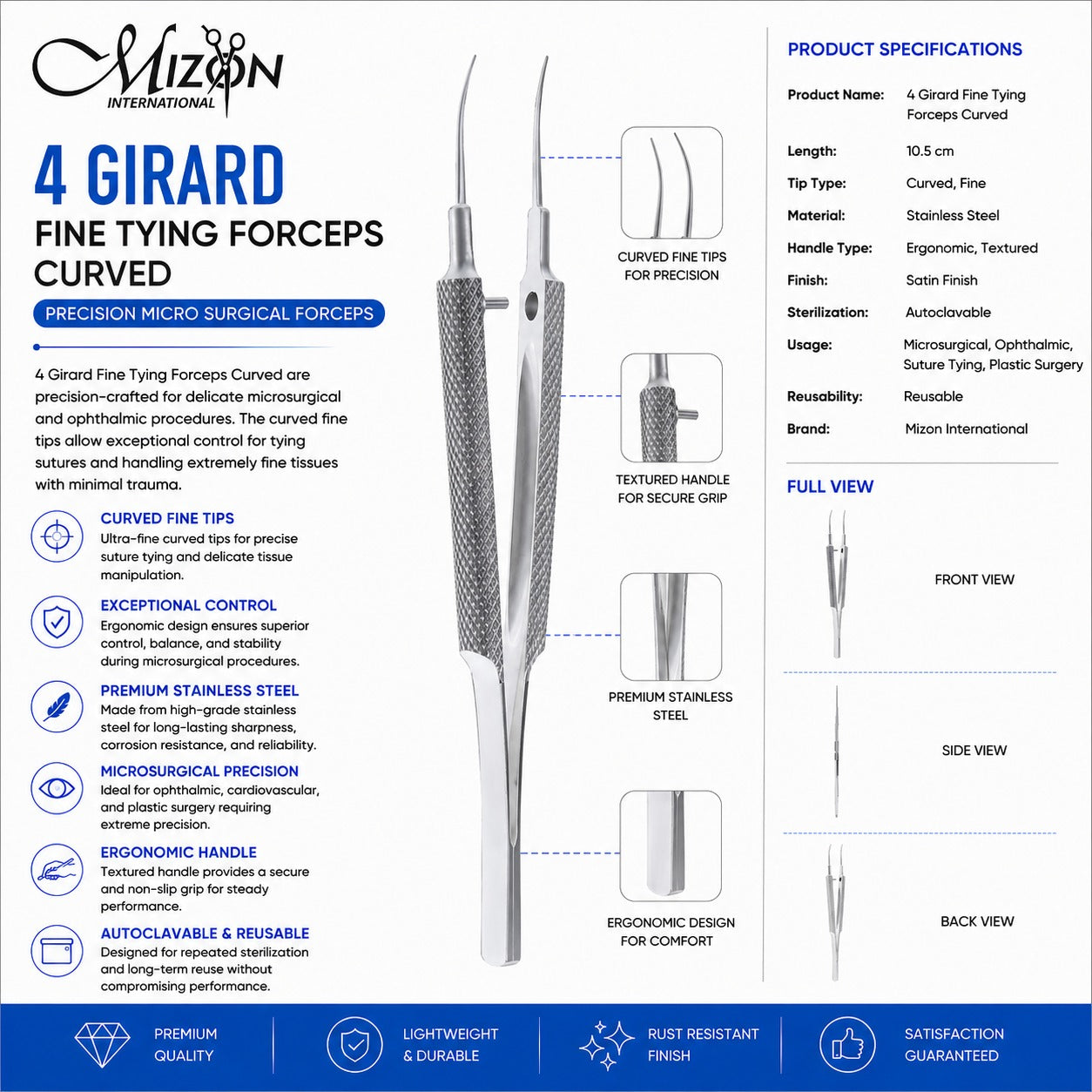 4 Girard Fine Tying Forceps Curved 10.5 cm | Precision Microsurgical Forceps | Mizon International