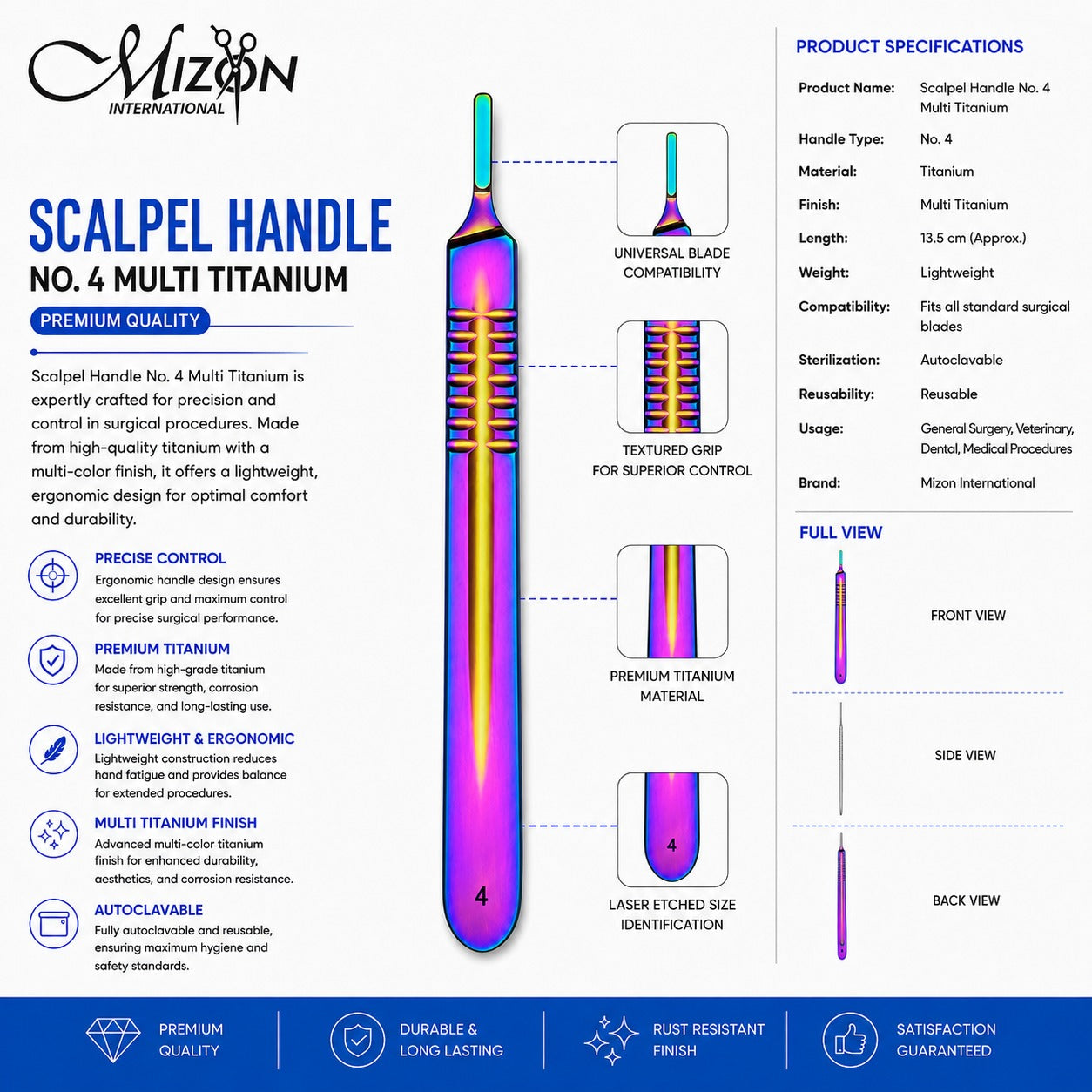 Scalpel Handle No. 4 Multi Titanium | Premium Rainbow Titanium Surgical Handle | Mizon International