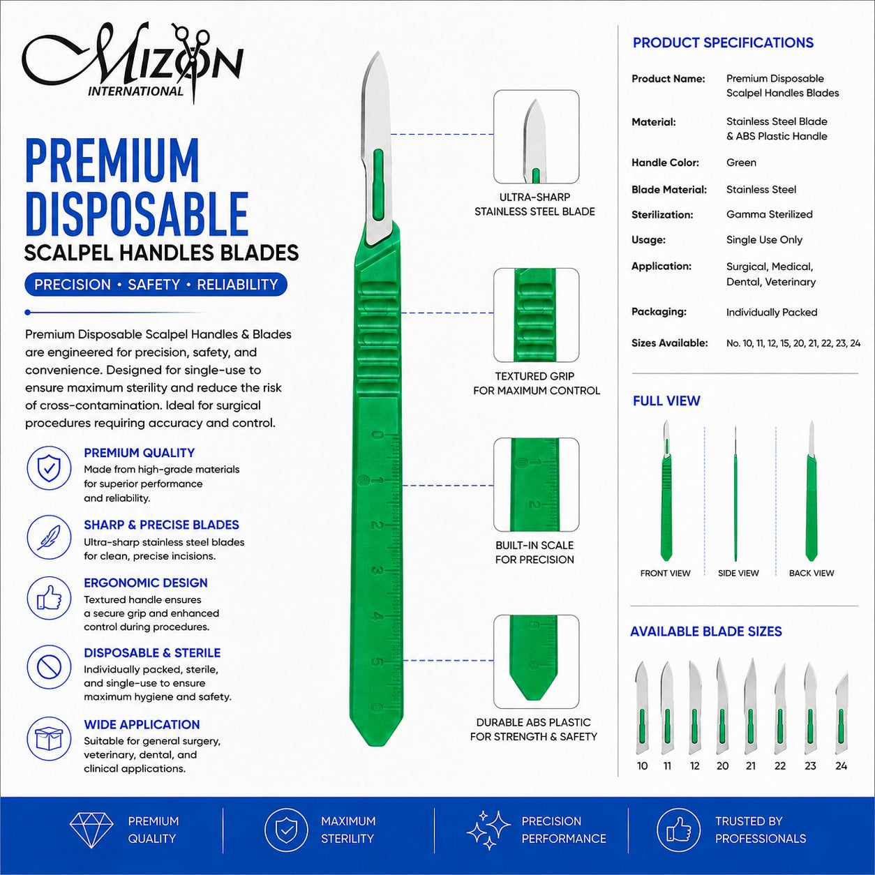Premium Disposable Scalpel | Sterile Disposable Surgical Scalpel with ABS Plastic Handle | Mizon International