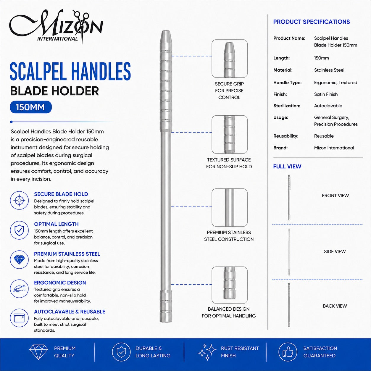 Scalpel Handle Blade Holder 150mm | Stainless Steel Surgical Scalpel Handle | Mizon International