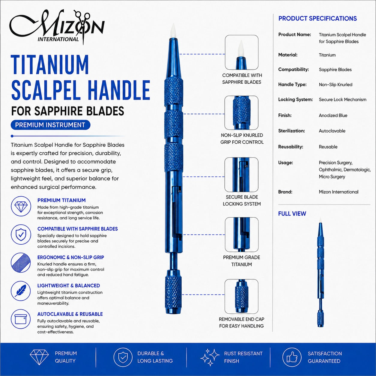 Titanium Scalpel Handle for Sapphire Blades | Premium Microsurgical Handle | Mizon International