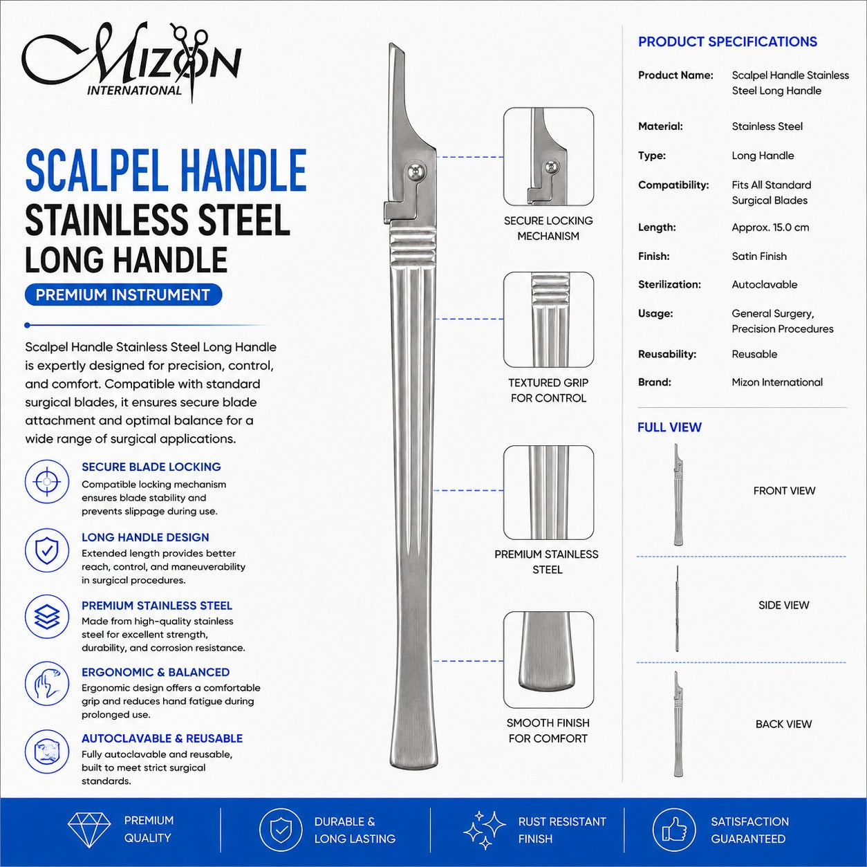 Scalpel Handle Stainless Steel Long Handle | Premium Reusable Surgical Scalpel Handle | Mizon International