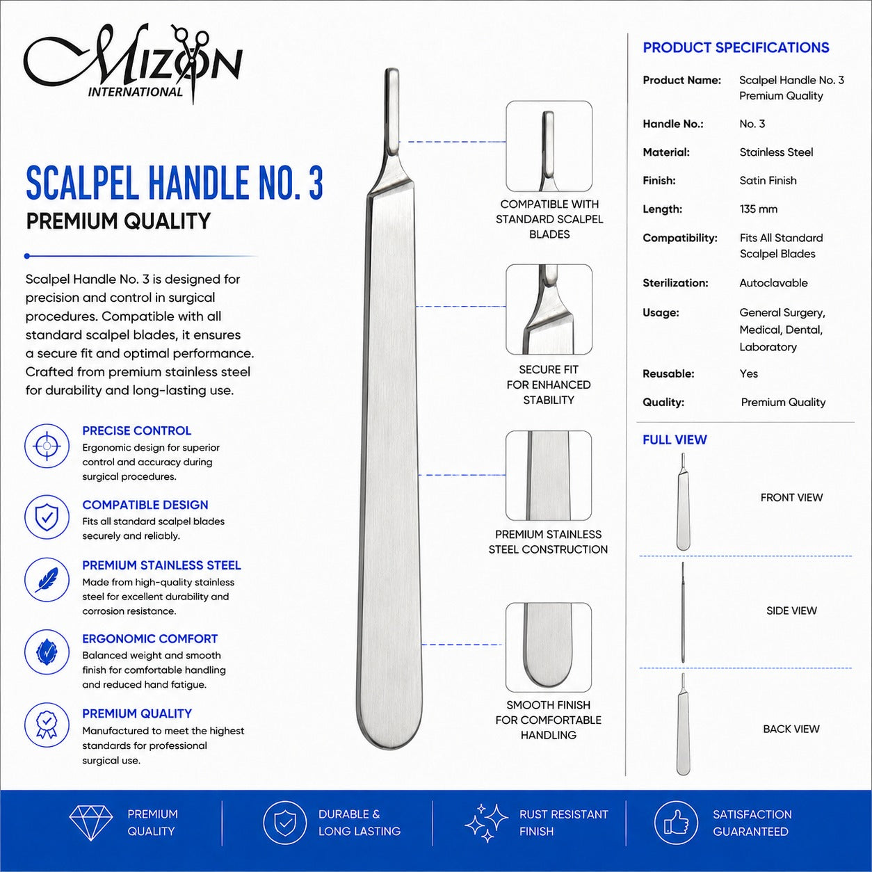 Scalpel Handle No. 3 Premium Quality Stainless Steel Surgical Handle | Mizon International