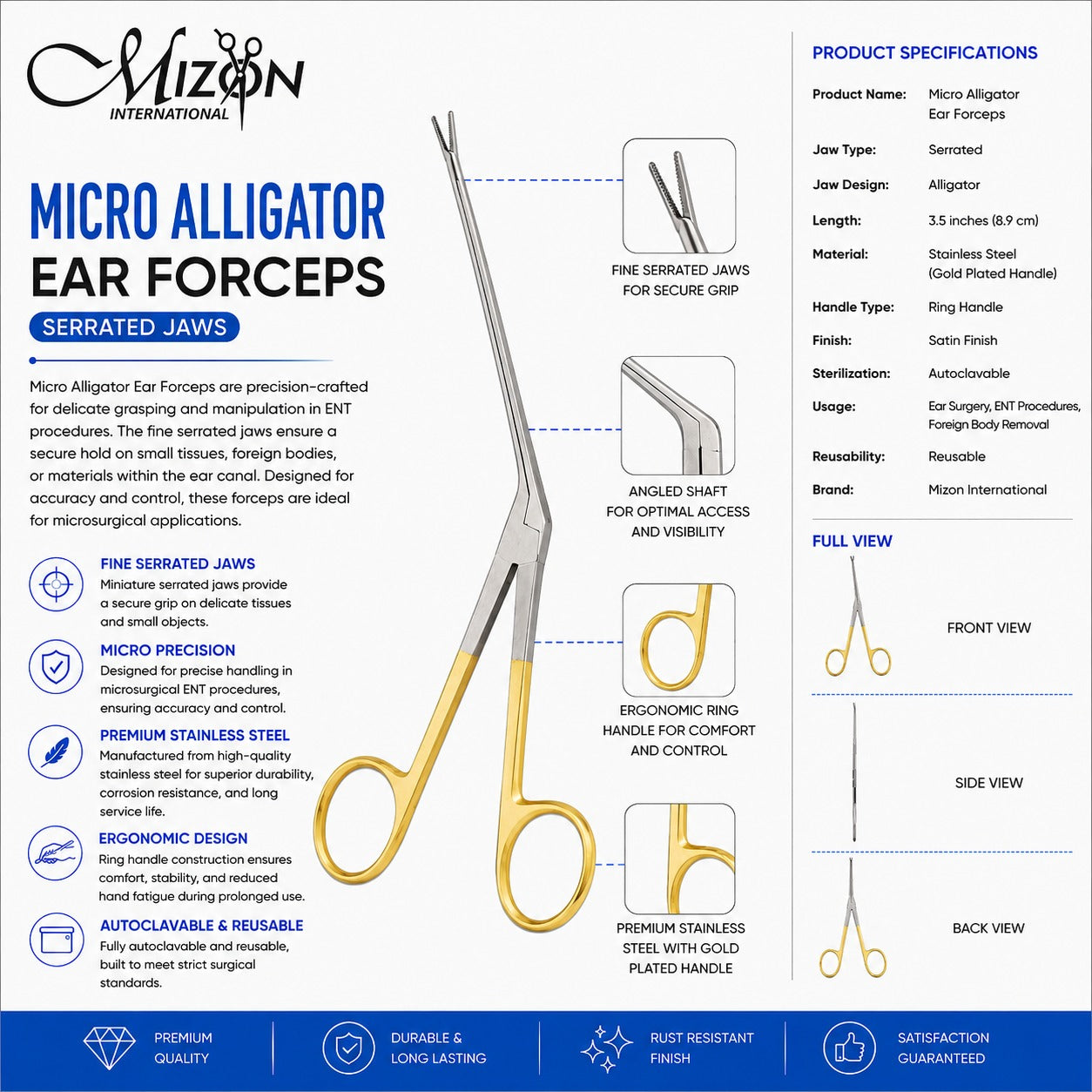 Micro Alligator Ear Forceps Serrated Jaws – Premium Stainless Steel ENT Surgical Instrument | Mizon International