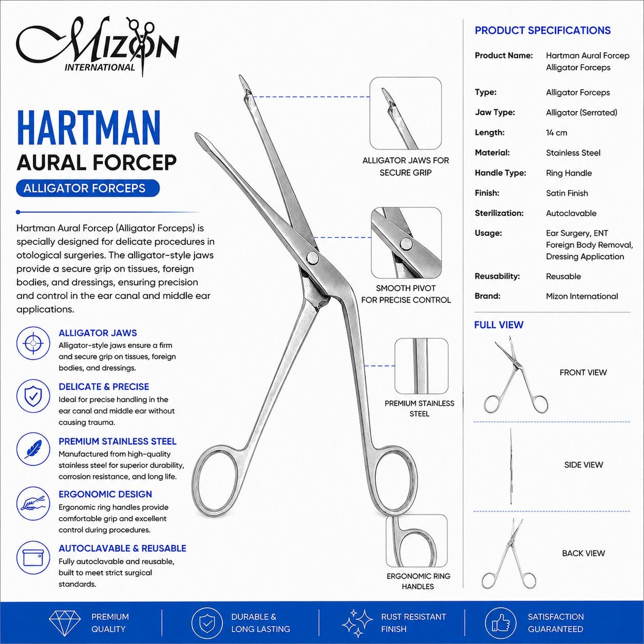 Hartman Aural Forceps 14cm Alligator Forceps | ENT Surgical Instrument | Mizon International