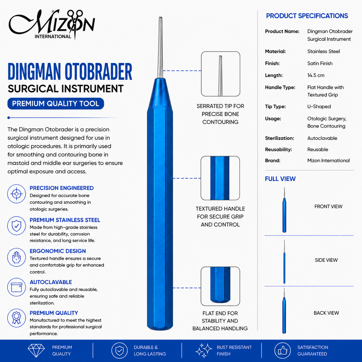 Dingman Otobrader Surgical Instrument Blue Handle Stainless Steel