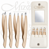 Mizon International 4PCS stainless steel eyebrow tweezer set with travel mirror case for facial hair and eyebrow grooming