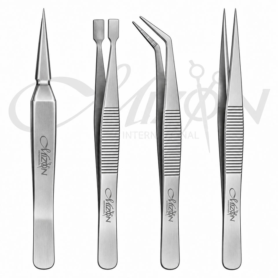 Mizon International 4PCS stainless steel precision tweezers set for electronics repair eyebrow grooming makeup and detailed applications