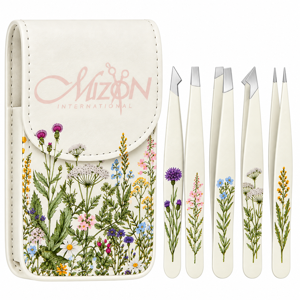 Mizon International 4PCS tweezers set for women with eyebrow and facial hair grooming tools and floral travel case