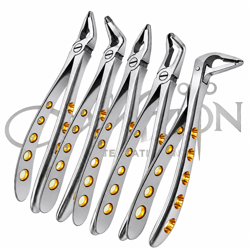 Mizon International 5 Dental Extracting Forceps Set F1 F2 F3 F4 F7 featuring professional stainless steel construction and diamond-dusted tips for controlled tooth extraction and oral surgery procedures.