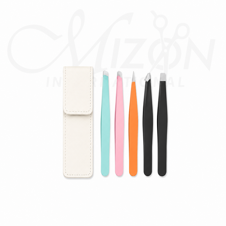 Professional 5 Piece Eyebrow Tweezers Set Stainless Steel Precision Grooming Tools with Protective Case by Mizon International