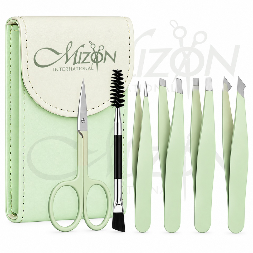 Mizon International 6PCS eyebrow tweezers set with curved scissor and leather travel case gradient green beauty grooming tools