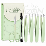 Mizon International 6PCS eyebrow tweezers set with curved scissor and leather travel case gradient green beauty grooming tools