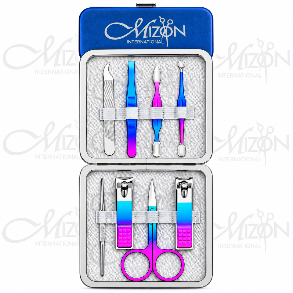 Mizon International 7PCS stainless steel manicure set with nail clippers portable travel grooming kit and luxurious multicolor case