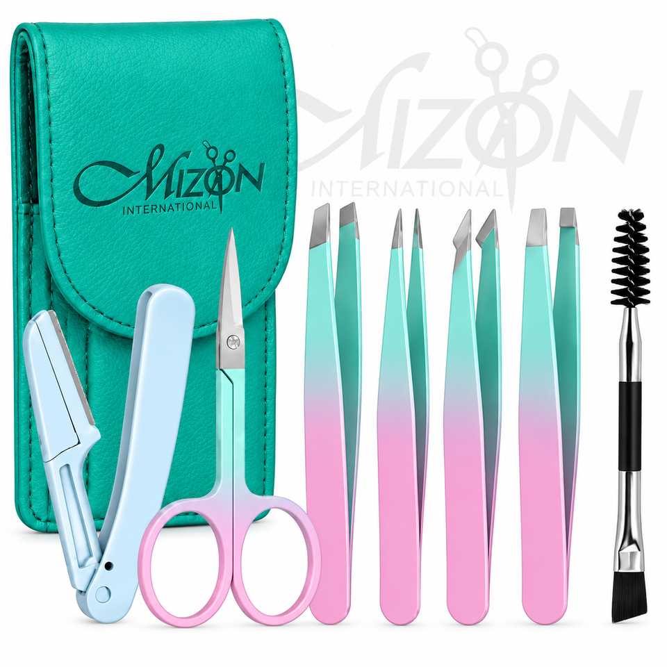 Mizon International 7PCS precision tweezer set with eyebrow tweezers curved scissors and eyebrow razor for facial and brow grooming