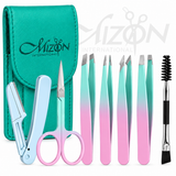 Mizon International 7PCS precision tweezer set with eyebrow tweezers curved scissors and eyebrow razor for facial and brow grooming