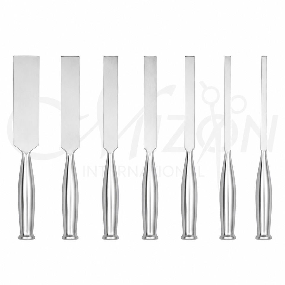 Mizon International 7 Pcs Smith-Peterson Osteotomes Set 8 Inch featuring straight precision osteotomes with 6.4mm–32mm blade widths, durable stainless steel construction, and professional orthopedic design.