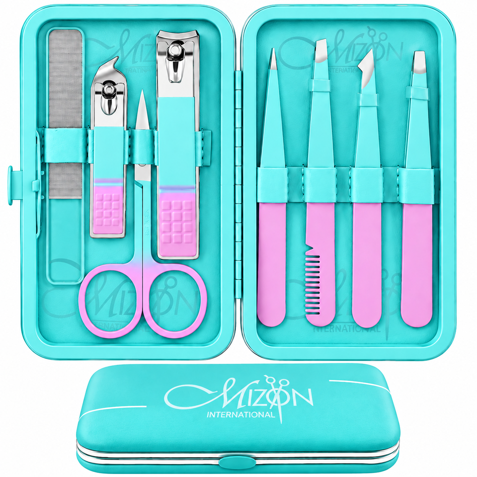 Mizon International 8PCS tweezers set and nail clippers precision eyebrow and facial grooming kit with leather travel case