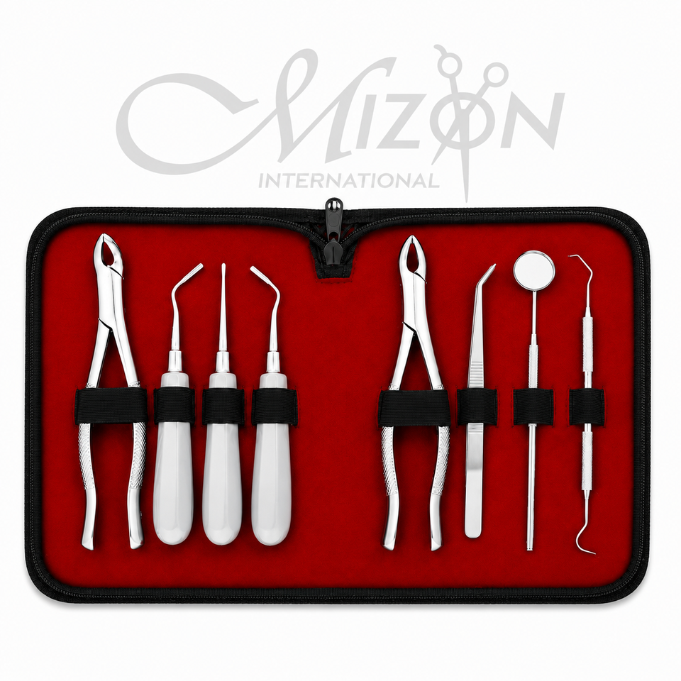 Mizon International 8 Pcs Dental Extraction Forceps & Elevator Set featuring professional dental extraction forceps and elevators designed for controlled tooth extraction, basic dental surgery, oral surgical procedures, and professional dental clinic use.