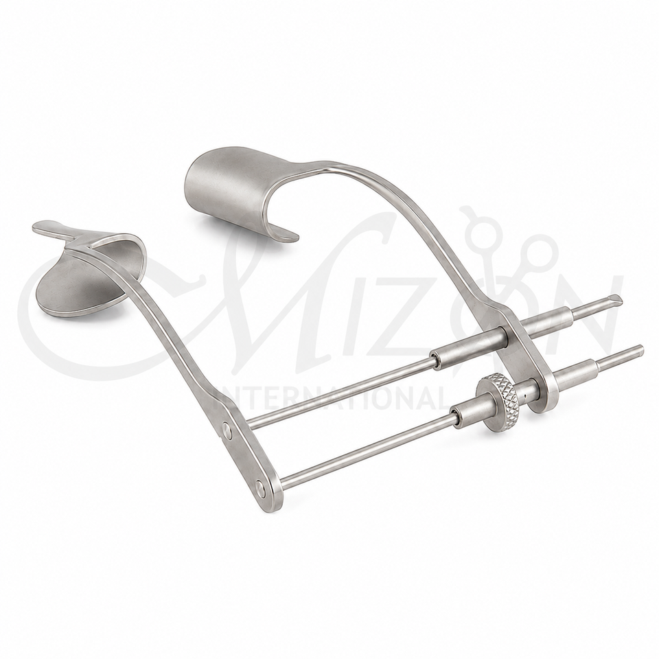 Mizon International Adjustable Mechanical Speculums featuring a precision mechanical adjustment mechanism, ophthalmic working profile, ergonomic handling, and professional eye surgical instrument construction.