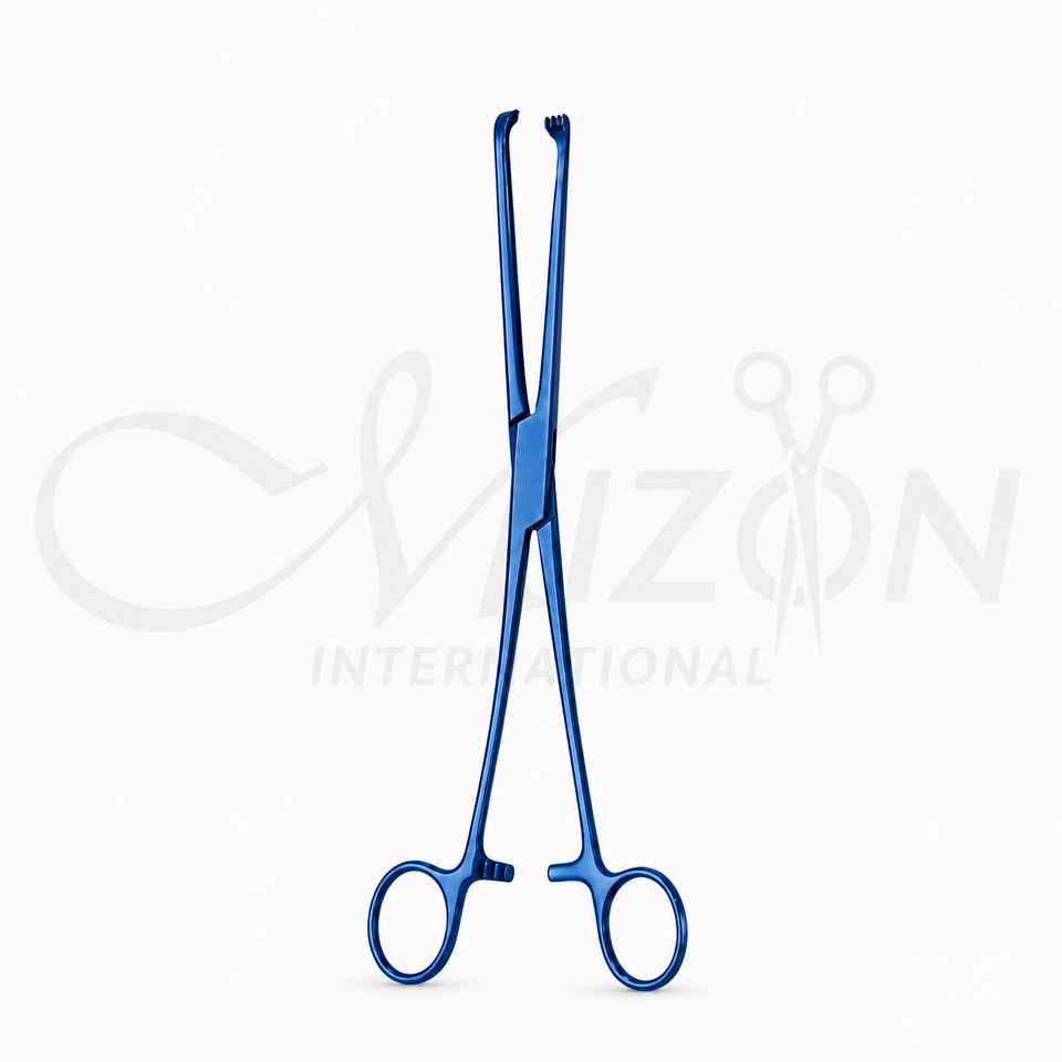 Mizon 15cm titanium Allis tissue forceps with 1x2 teeth, locking ring handles and blue coated finish