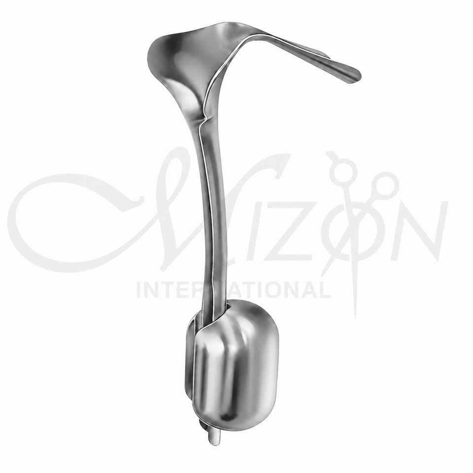 Mizon International Auvard Weighted Speculum featuring a weighted stainless steel construction, broad working profile, professional ergonomic design, and specialized gynecological surgical instrument quality.