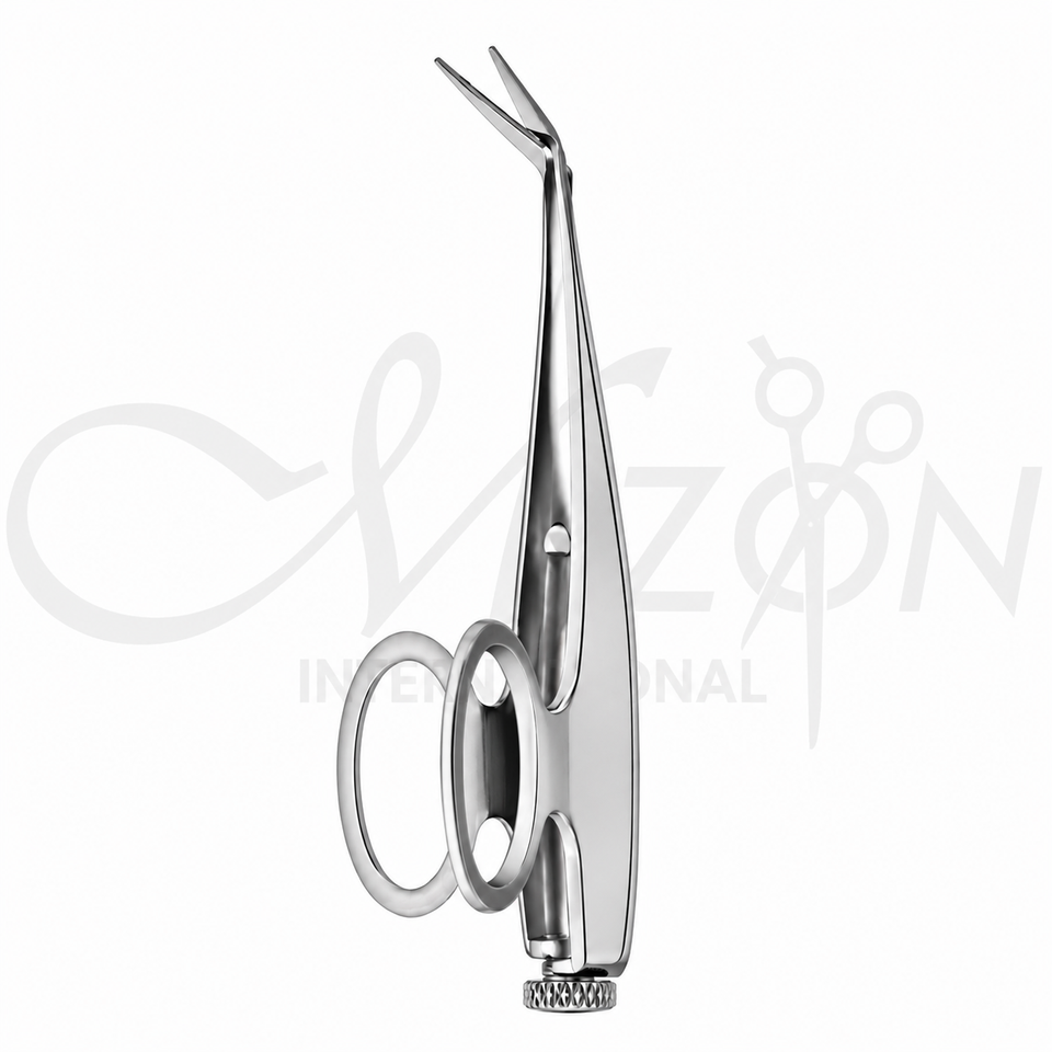 Mizon International Barraquer Ophthalmic Scissors featuring fine precision blades, surgical-grade stainless steel construction, ergonomic handling, and compact design for delicate ophthalmic procedures.