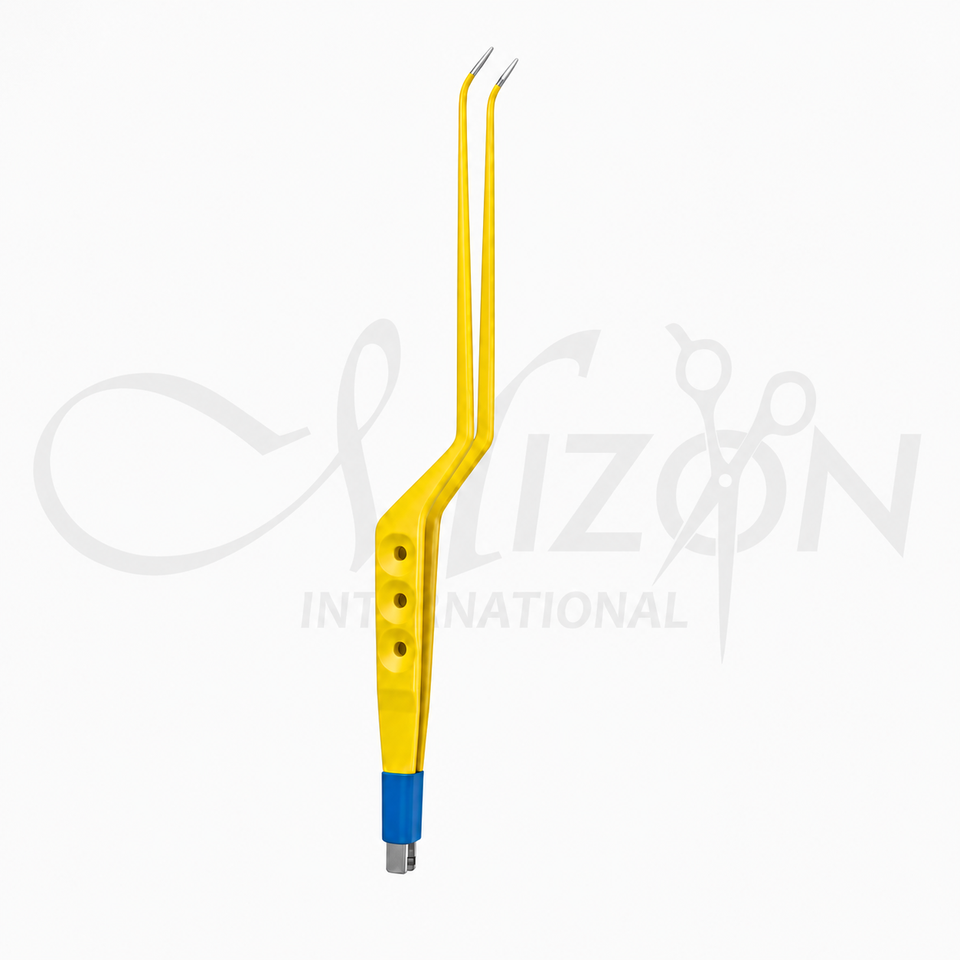 Mizon International 18cm yellow insulated bayonet bipolar forceps with fine angled tips and 2-pin connector