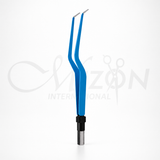 Mizon International blue insulated bayonet bipolar forceps 15cm with fine angled tips and bipolar electrosurgical connector