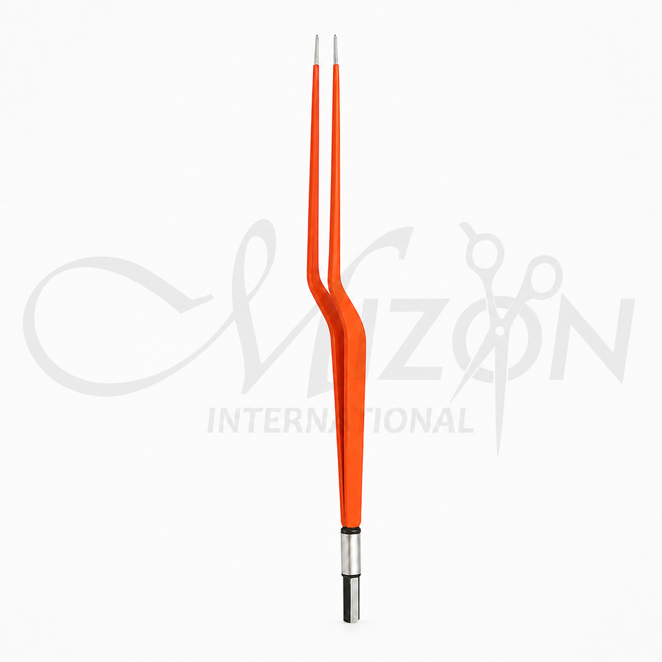 Mizon International orange insulated bayonet bipolar forceps 15cm with fine stainless steel tips and electrosurgical connector