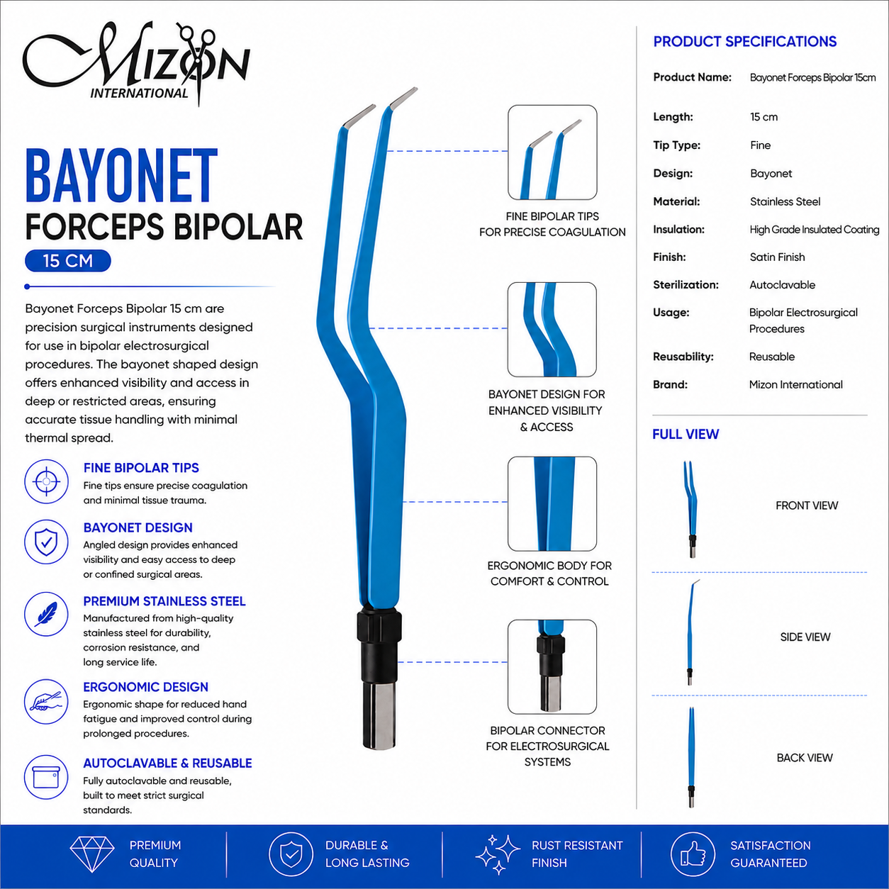 Bayonet Bipolar Forceps 15cm Blue Insulated Fine Tip Stainless Steel Electrosurgical Instrument by Mizon International