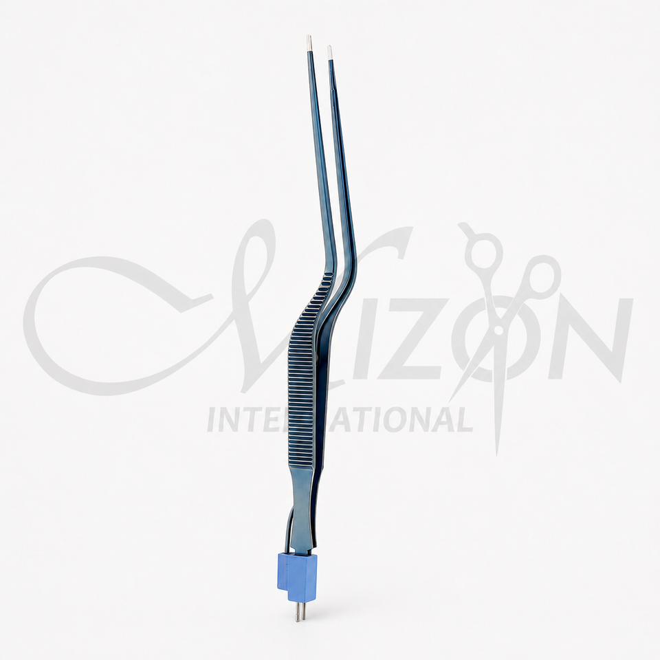 Mizon International 18cm blue titanium Bayonet Bipolar Forceps with fine tips and standard 2-pin connector