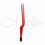 Red insulated bipolar bayonet forceps with serrated tips and 2-pin connector, 15 cm