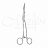Mizon International Bozeman Needle Holder featuring a curved or S-shaped shaft, precision serrated jaws, ergonomic finger-ring handles, and professional surgical instrument construction.