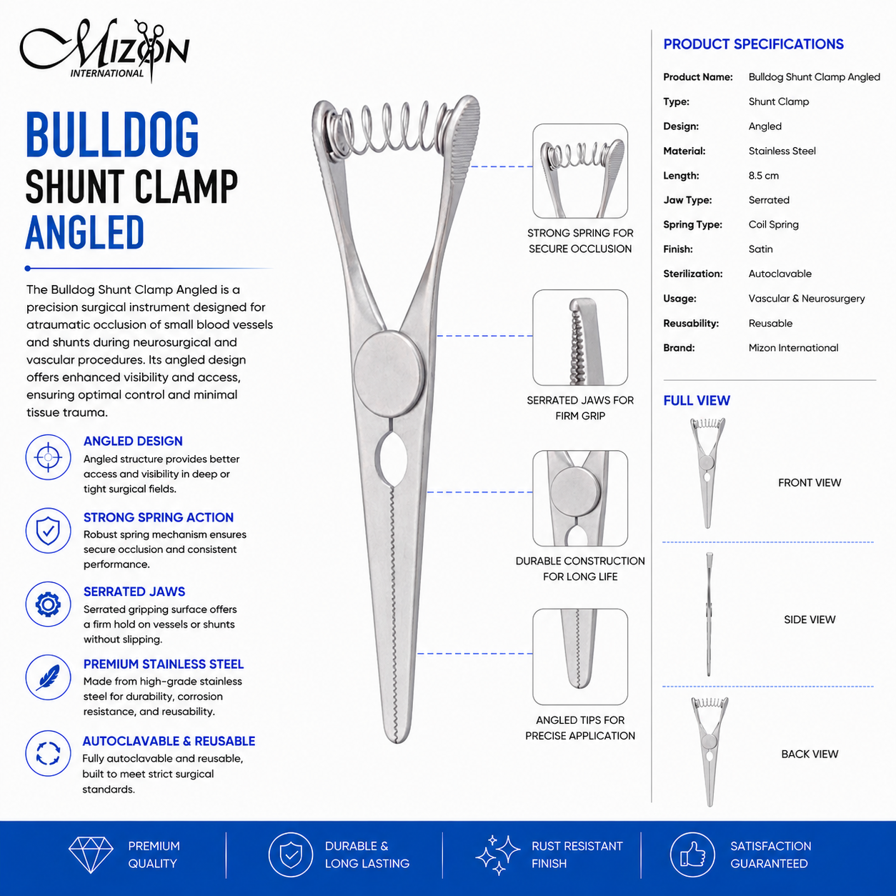 Bulldog Shunt Clamp Angled 8.5 cm Stainless Steel Vascular Surgical Instrument by Mizon International