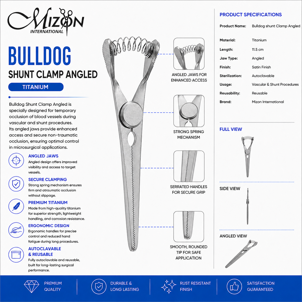Bulldog Shunt Clamp Angled Titanium 11.5 cm Atraumatic Vascular Surgical Instrument by Mizon International