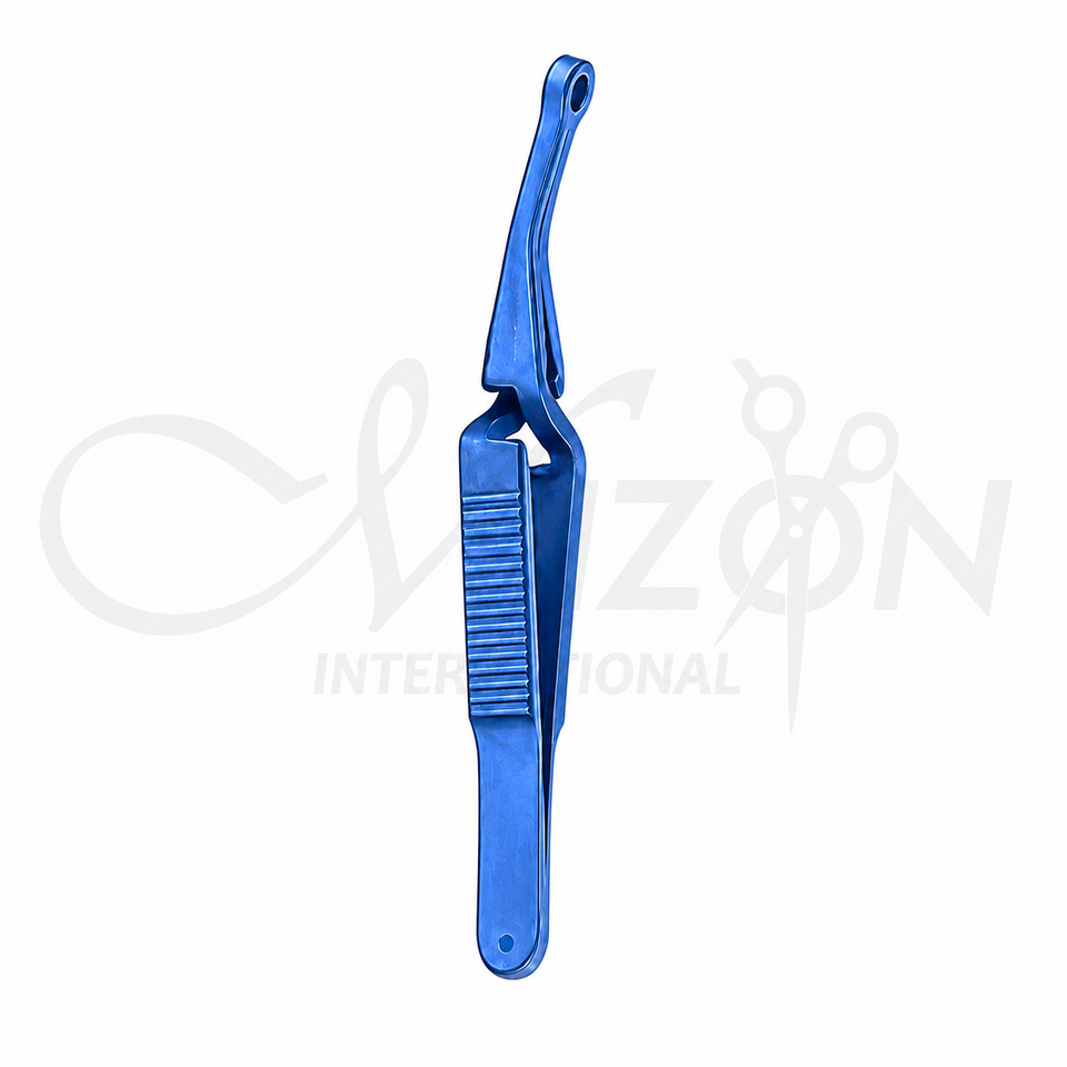 Bulldog Shunt Clamp Titanium 7.5 cm with atraumatic non-crushing jaws, anodized blue finish, and ergonomic handle for vascular and microsurgical procedures by Mizon International.