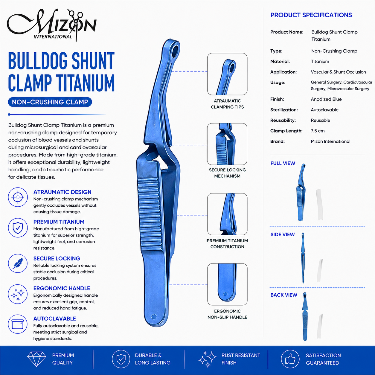 Bulldog Shunt Clamp Titanium 7.5 cm Blue Non-Crushing Vascular Surgical Instrument by Mizon International