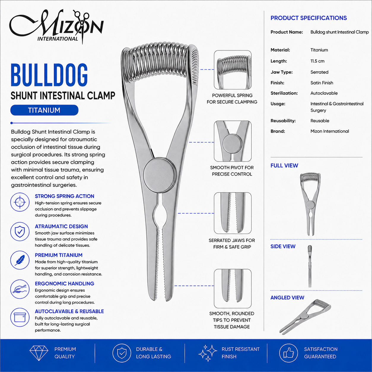 Bulldog Shunt Intestinal Clamp Titanium 11.5 cm Stainless Steel Spring Surgical Instrument by Mizon International