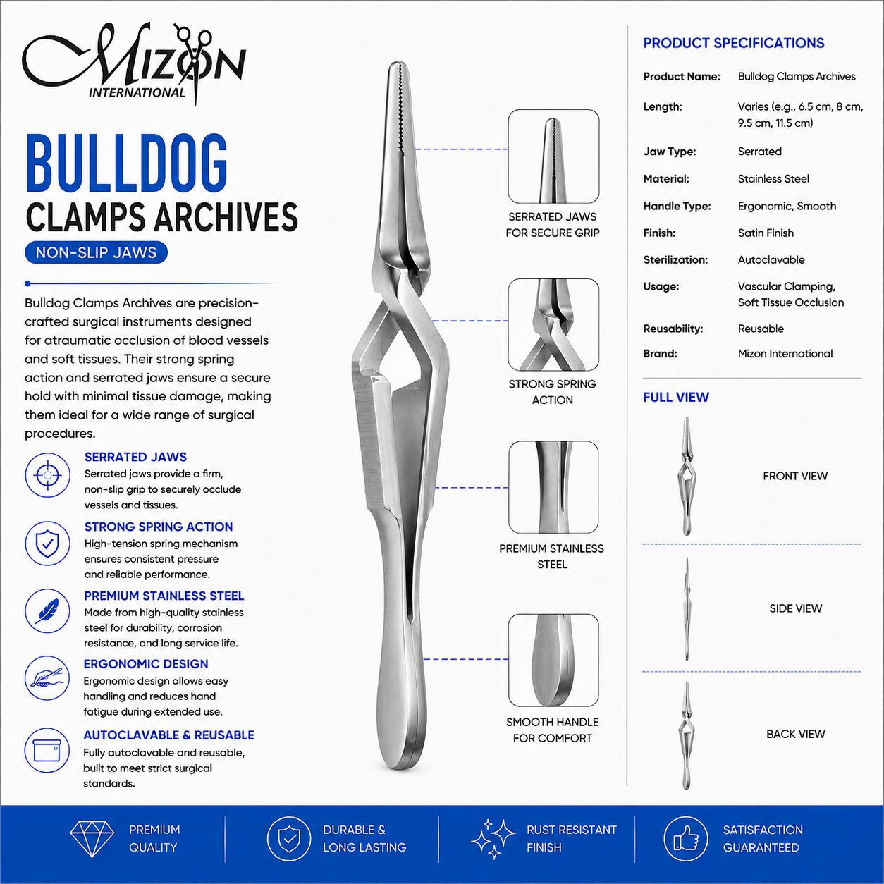 Bulldog Vascular Clamp Stainless Steel Surgical Instrument with Serrated Jaws by Mizon International